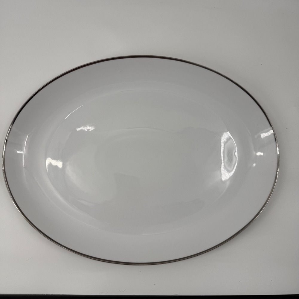 Harmony House Moderne 3545 Fine China Oval Serving Platter White Silver Trim 16"